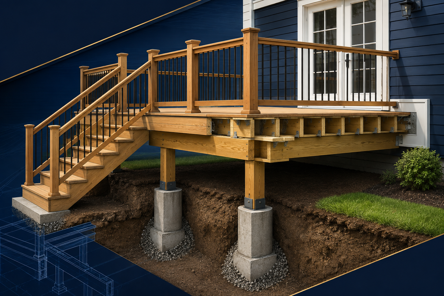 Illustration of deck framing, posts, footings, stairs and railings