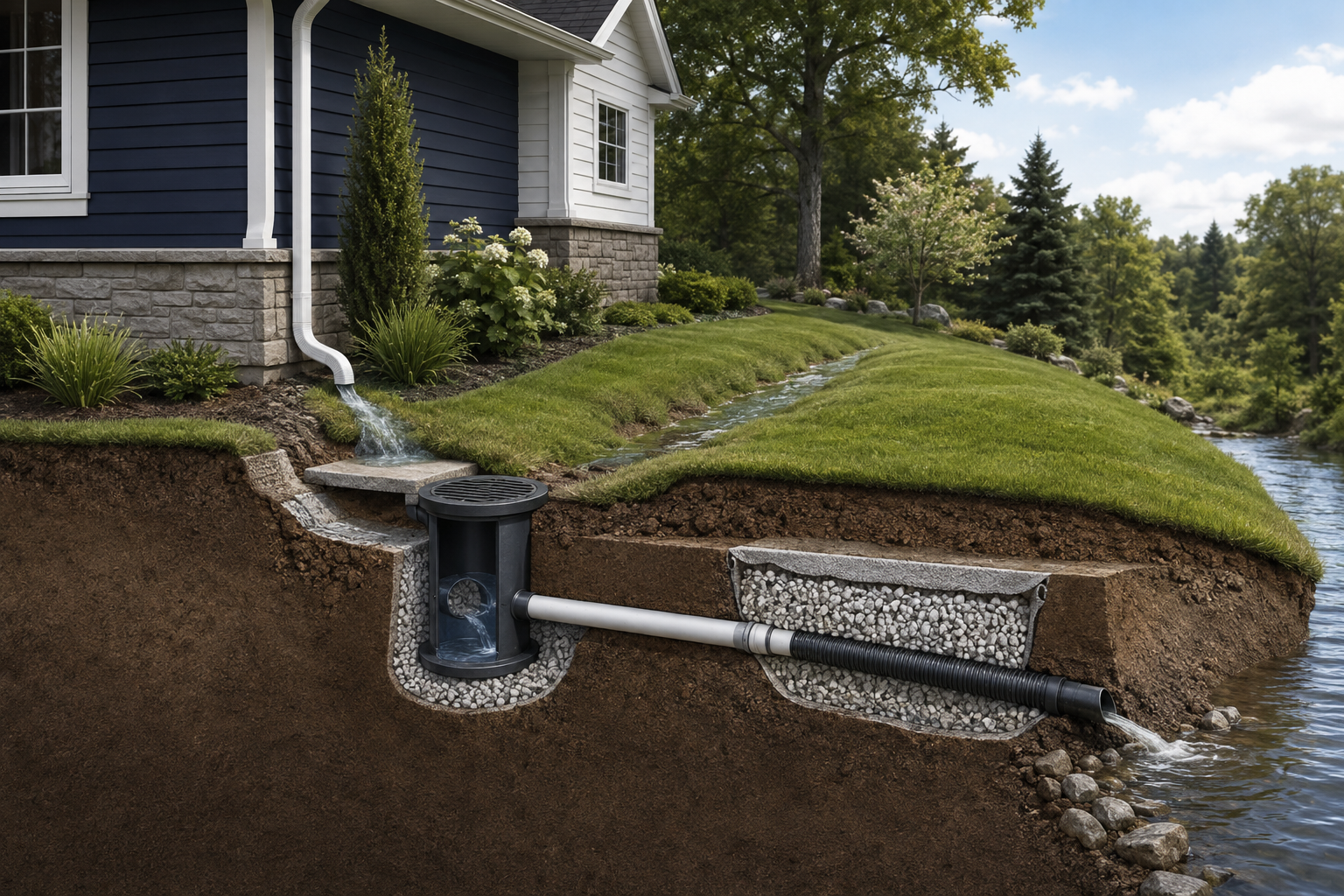 Illustration showing connected residential drainage methods